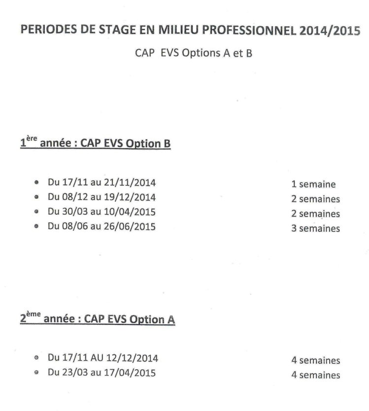 Stages En Milieu Professionnel (CAP) : Planning 2014-2015