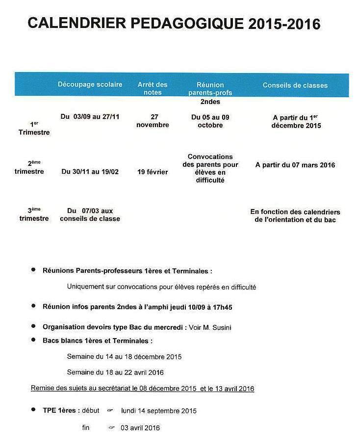 Calendrier Pédagogique 2015-2016 (Lycée)