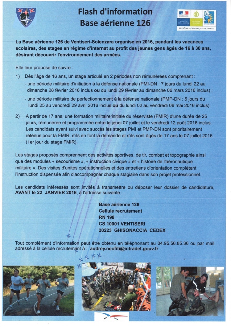 "PREPARATION MILITAIRE" (PM) et "FORMATION MILITAIRE INITIALE DU RÉSERVISTE" (FMIR) à la Base Aérienne 126 de Ventiseri-Solenzara (Session 2016) 