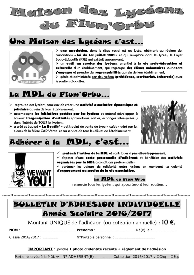 Bulletin d'Adhésion à la MDL (Maison Des Lycéens)