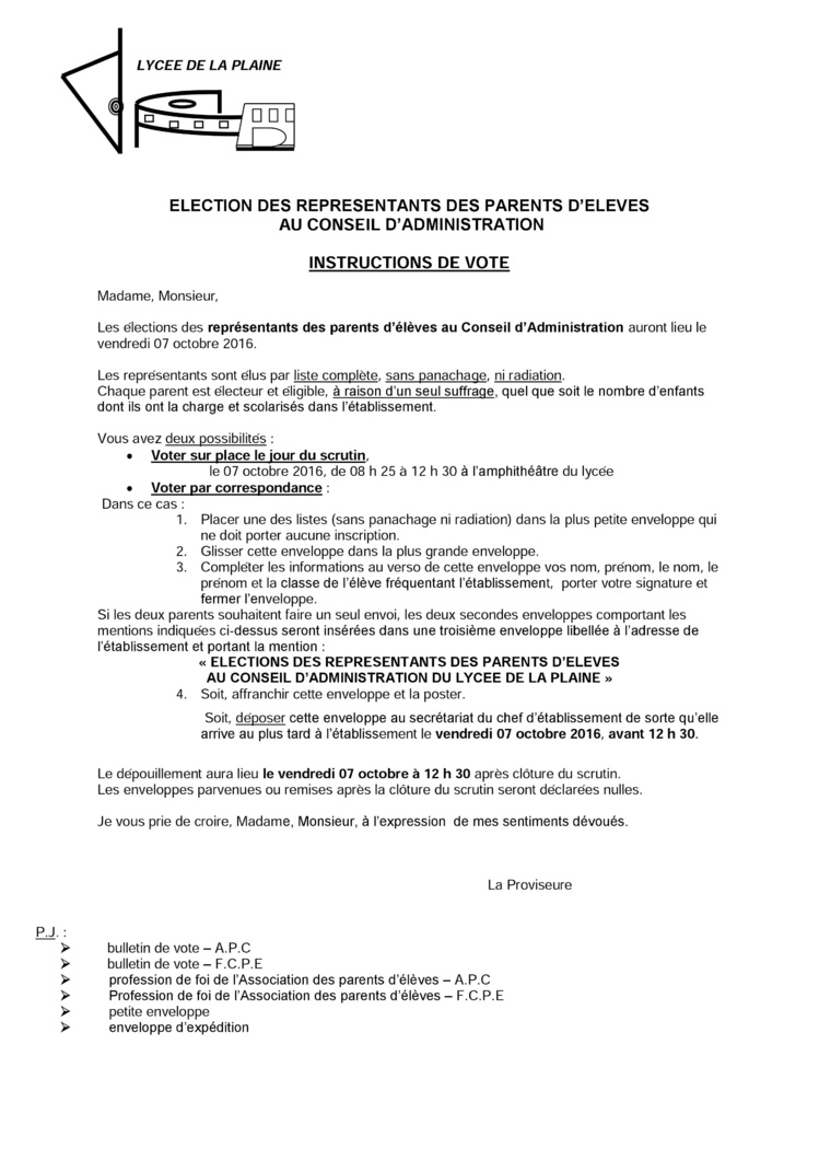 "Élection des Représentants des Parents d’Élèves au Conseil d’Administration" : Vendredi 07 Octobre 2016