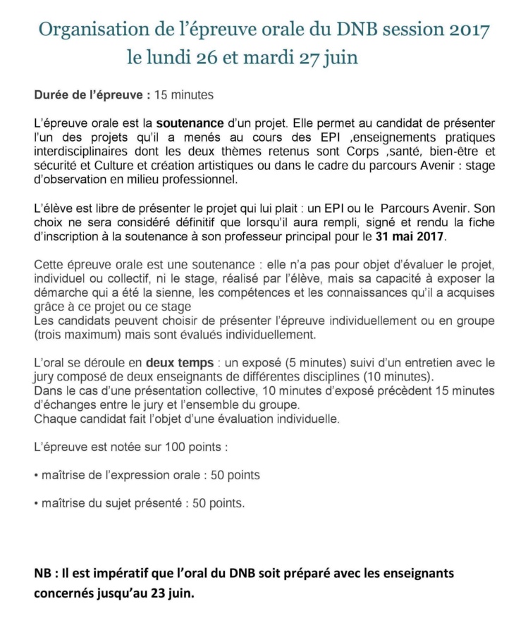 "Épreuve Orale" du Diplôme National du Brevet 2017 : Lundi 26 et Mardi 27 Juin 2017 (organisation)