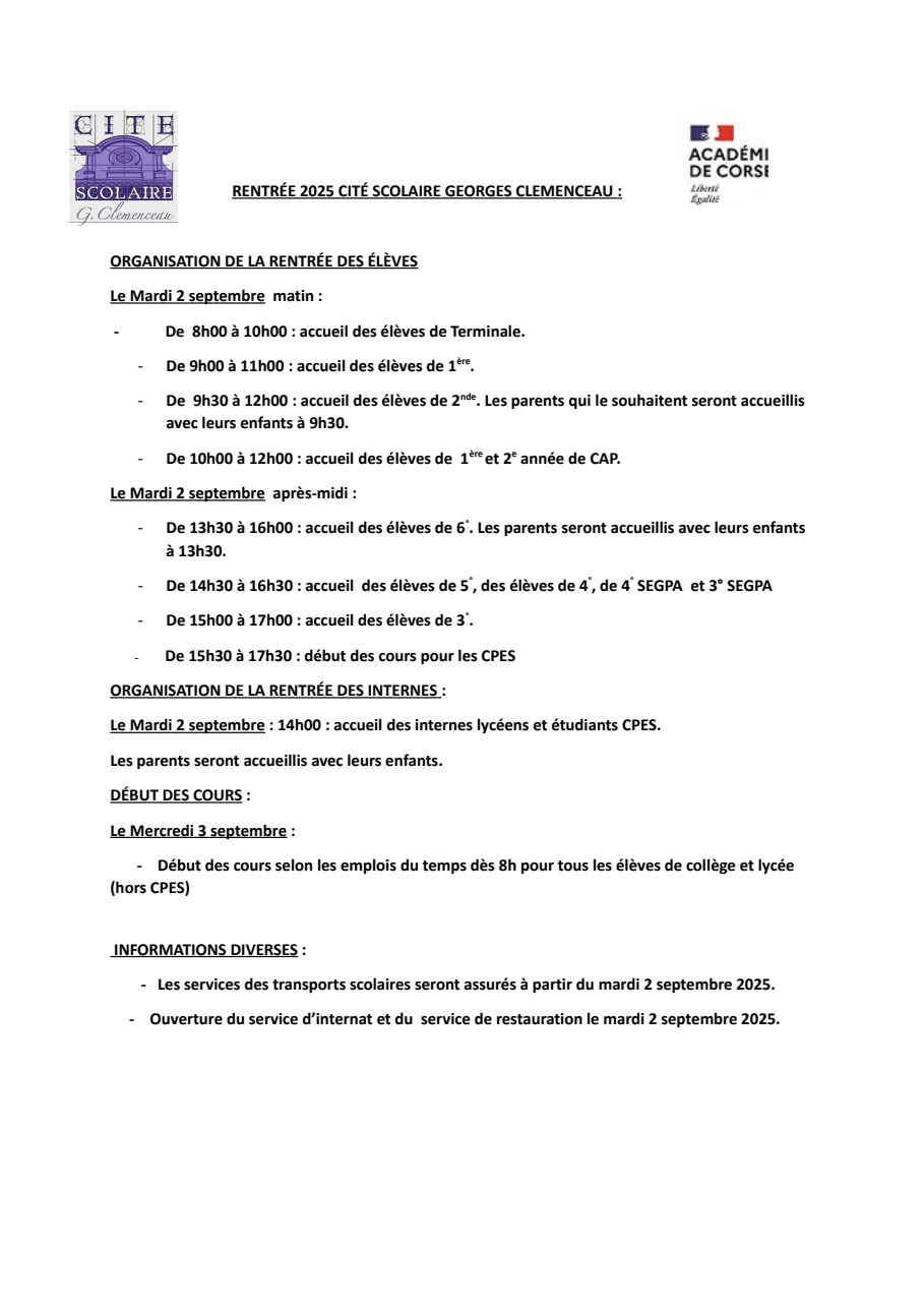 Planning de rentrée - année scolaire 2025 -2026