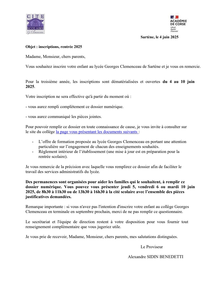 Inscriptions à la Cité Scolaire Clemenceau Inscriptions à la Cité Scolaire Clemenceau