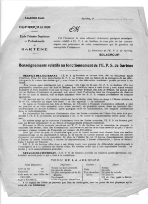 Renseignement relatifs aux enseignements dispensés à l'EPS de Sartène en 1923 (p.1). Archives municipales Renseignement relatifs aux enseignements dispensés à l'EPS de Sartène en 1923 (p.1). Archives municipales