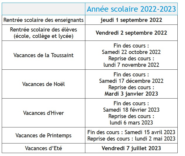 Calendrier Scolaire 2022-2023