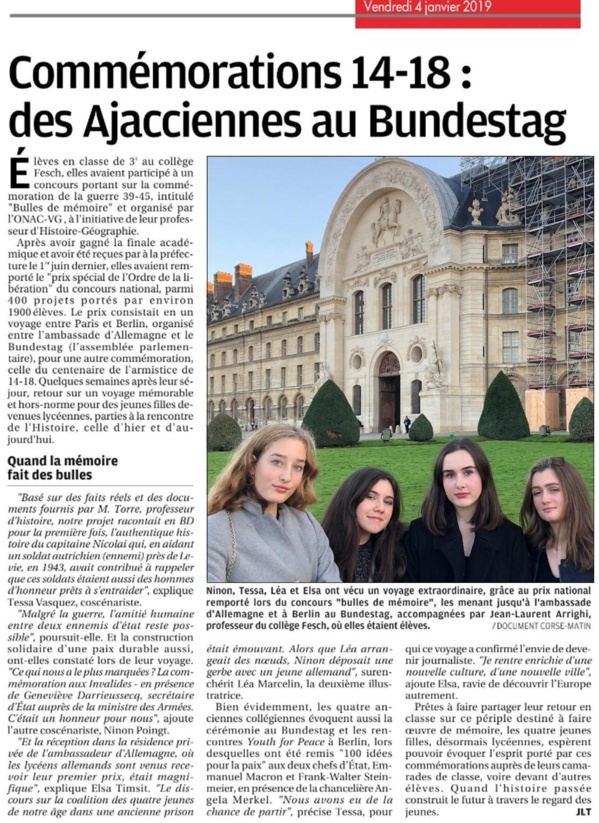 Des anciennes élèves de 3ème du collège primées, pour le concours "Bulles de mémoire", au Bundestag (entre autres)