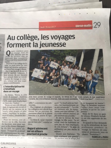 Article Corse-Matin : "Au collège, les voyages forment la jeunesse" - Avril 2017