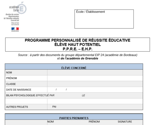 EHP élèves à haut potentiel (ex-"EIP élèves intellectuellement précoces") EHP élèves à haut potentiel (ex-"EIP élèves intellectuellement précoces")