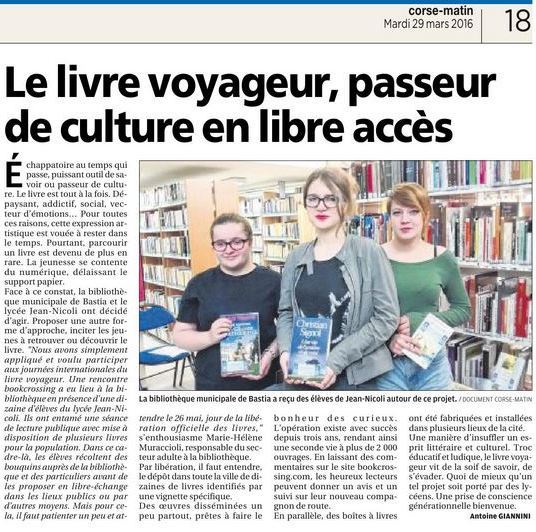 Le concept du "livre voyageur", initié par la Bibliothèque de Bastia et le lycée Jean Nicoli, dans la presse