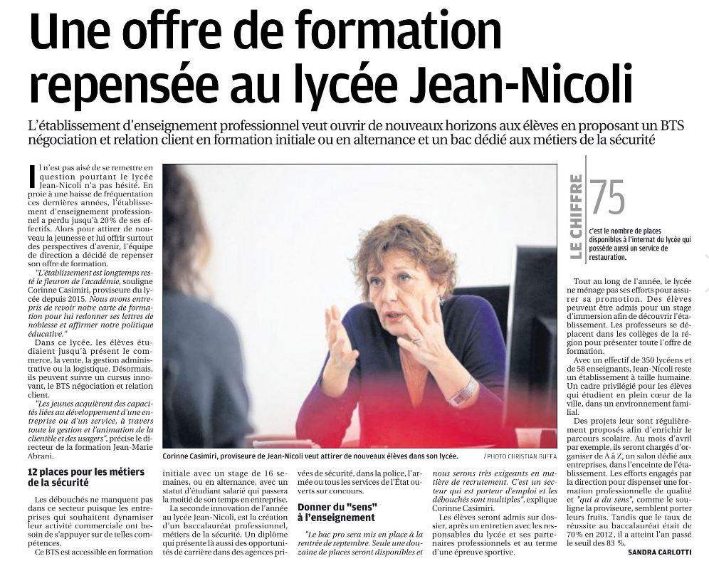 Le lycée dans la presse : interview de Mme Casimiri - Proviseure dans le Corse-matin