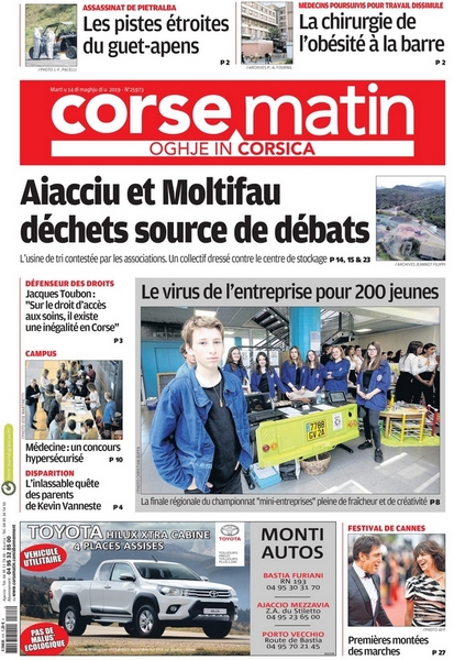 Nittavit' fait la Une de Corse-Matin le 15 mai 2019
